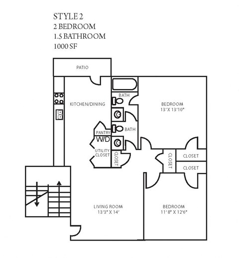 Floor plan for 2 beds, 1.5 baths, 1000 sqft